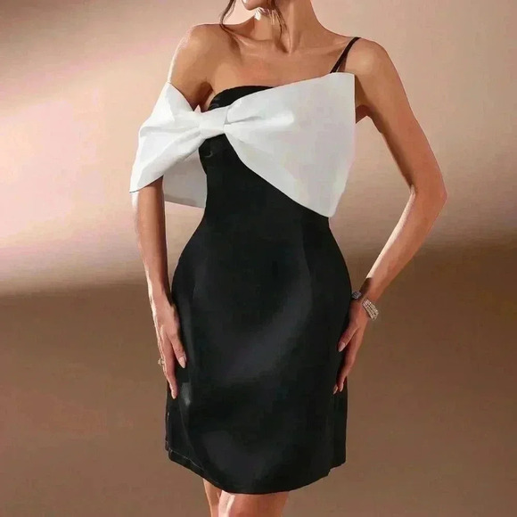Black Elegant Women's Short Party Dress With Color Block Design & Bow Decor - Picture 6 of 7